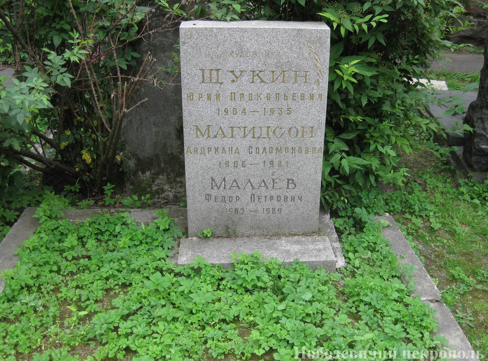 Памятник на могиле Щукина Ю.П. (1904–1935) и Малаева Ф.П. (1902–1989), на Новодевичьем кладбище (2–1–16).