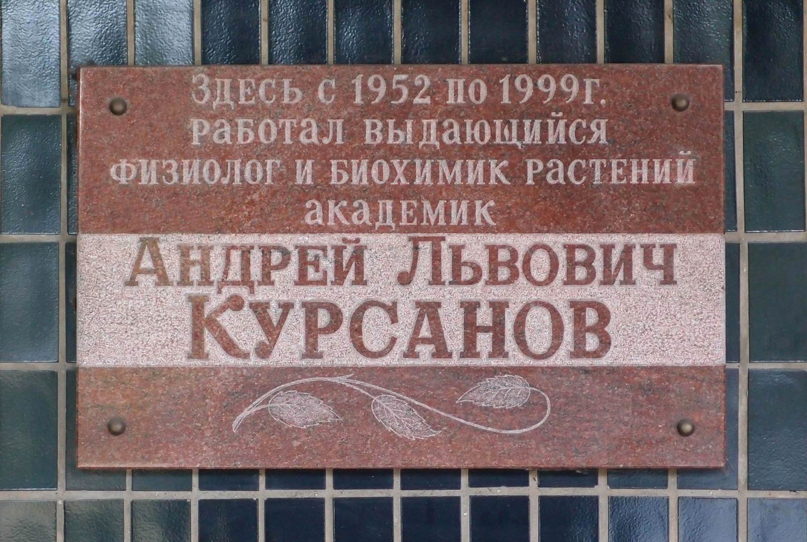 Мемориальная доска Курсанову А.Л. (1902–1999), на Ботанической улице, дом 35.