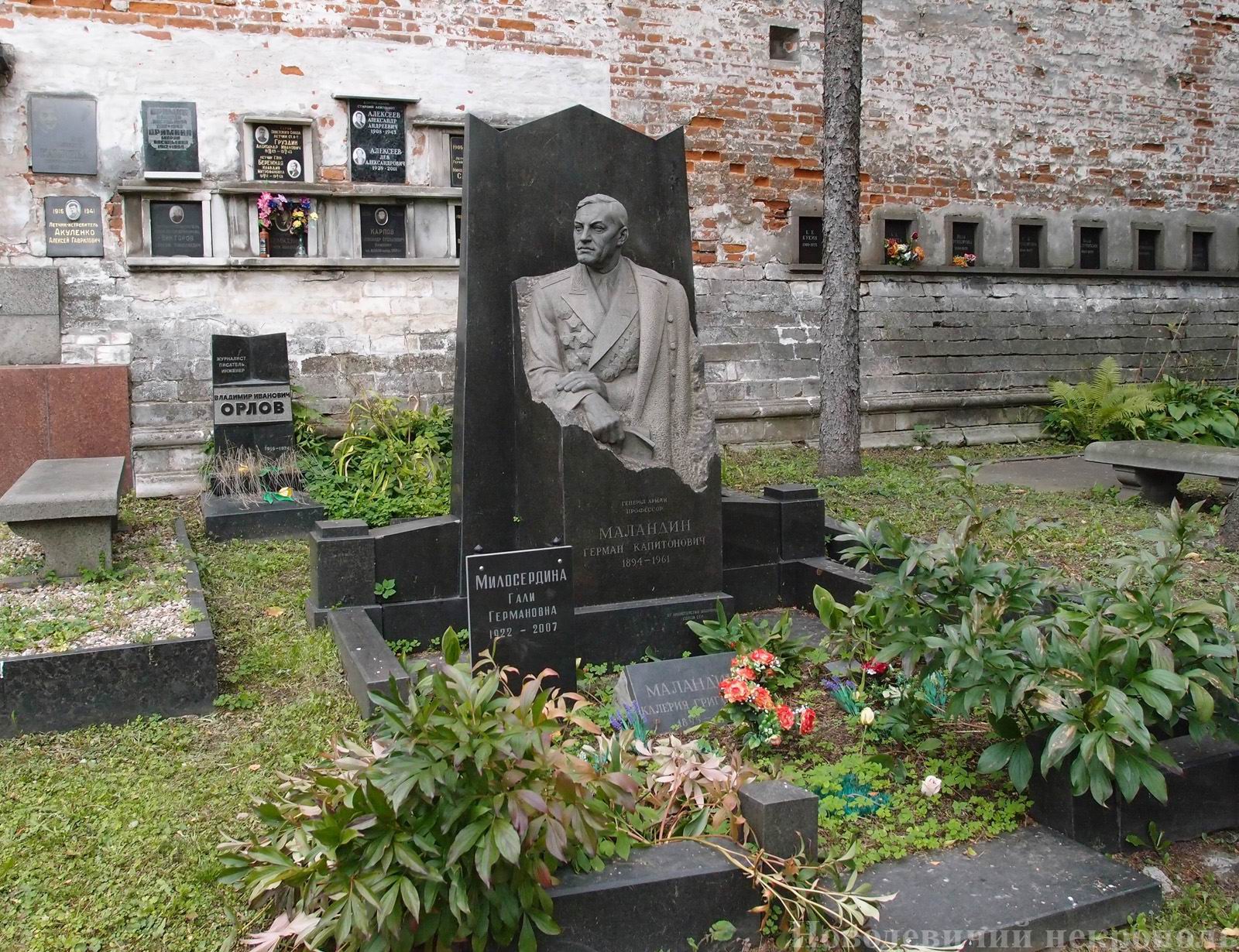 Памятник на могиле Маландина Г.К. (1894–1961), ск. Г.Постников, на Новодевичьем кладбище (3–65–1).