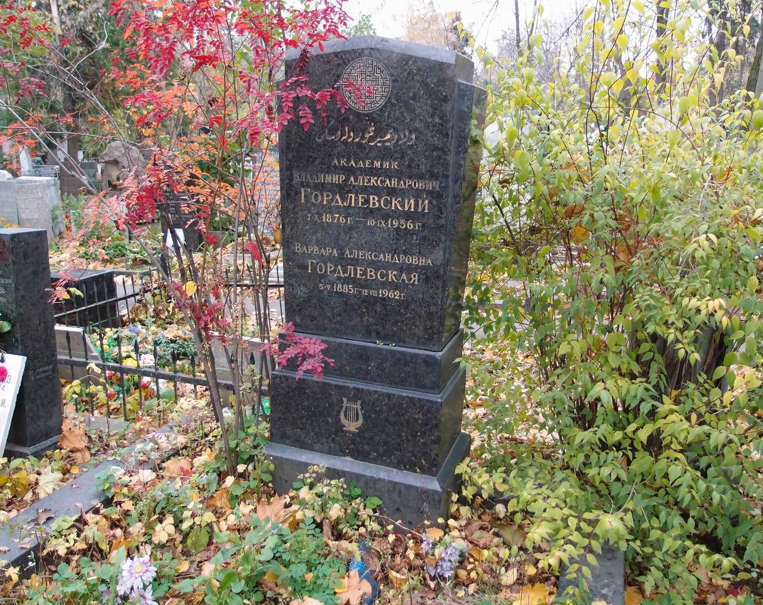 Памятник на могиле Гордлевского В.А. (1876–1956), на Новодевичьем кладбище (4–49–12).