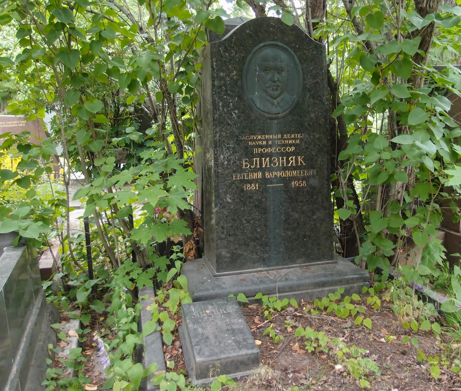Памятник на могиле Близняка Е.В. (1881–1958), на Новодевичьем кладбище (5–28–8).