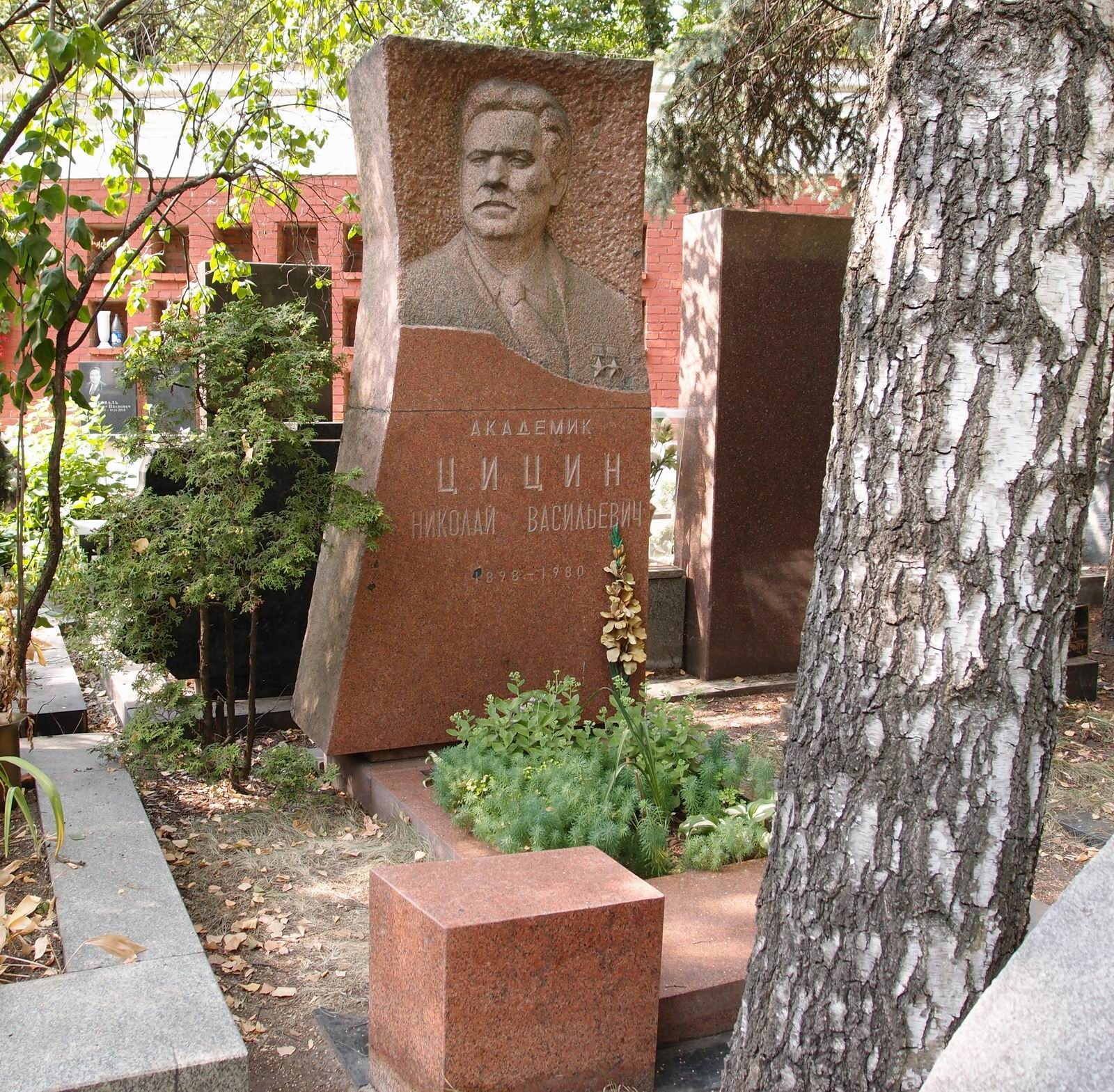 Памятник на могиле Цицина Н.В. (1898-1980), ск. Б.Дубрович, арх. С.Феоктистов, на Новодевичьем кладбище (9-6-7).