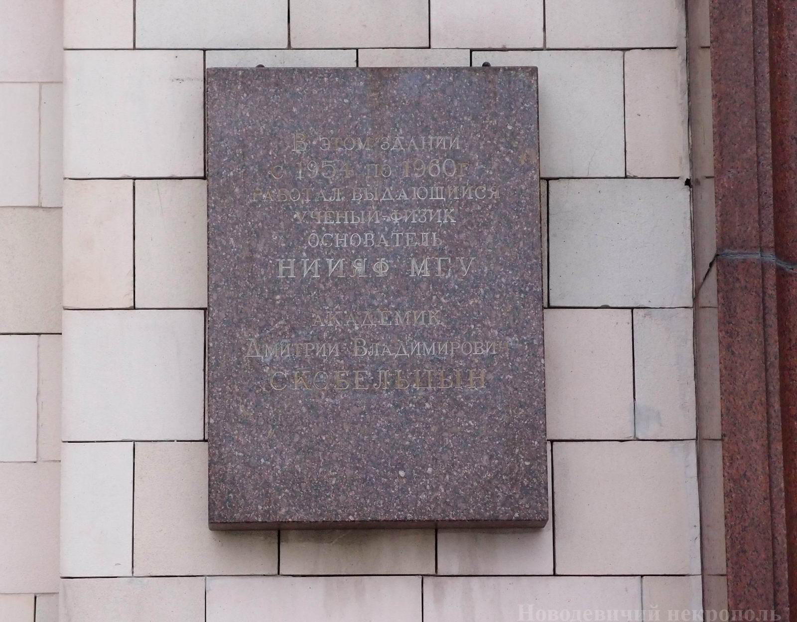 Мемориальная доска Скобельцыну Д.В. (1892-1990), на Ленинских горах, владение 1, строение 2.