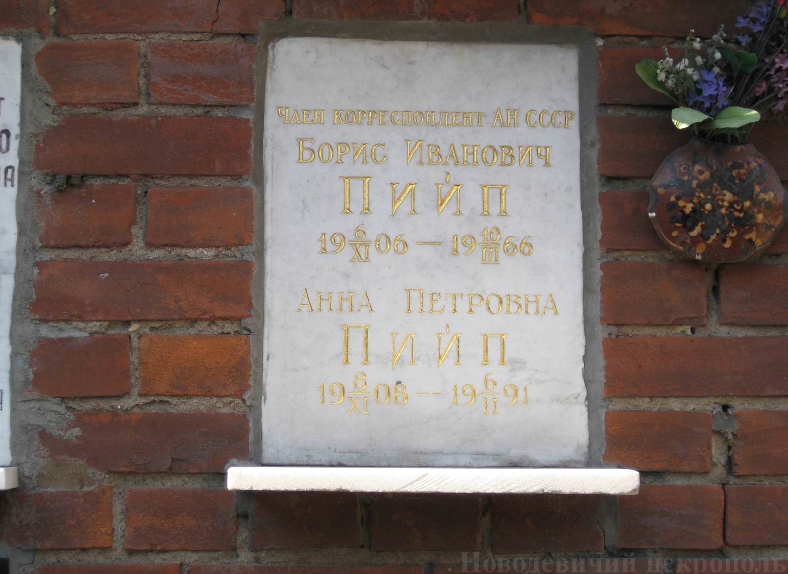 Плита на нише Пийпа Б.И. (1906–1966), на Новодевичьем кладбище (колумбарий [126]–41–2).