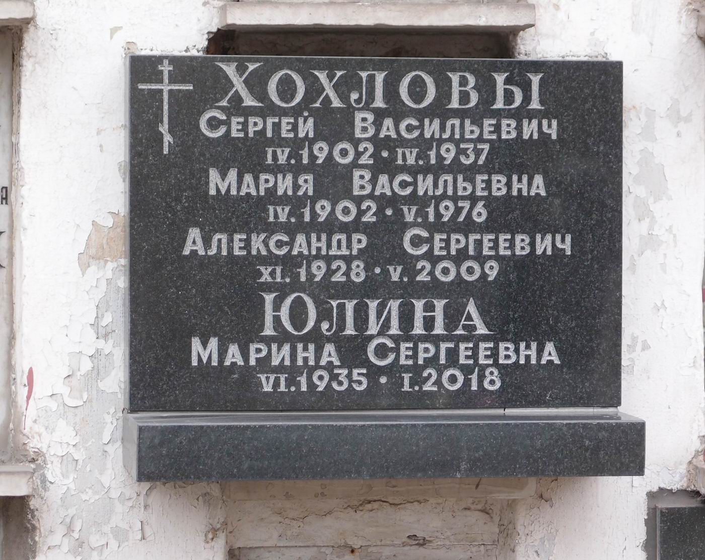 Плита на нише Хохлова С.В. (1902-1937), на Новодевичьем кладбище (колумбарий [41]-2-3).