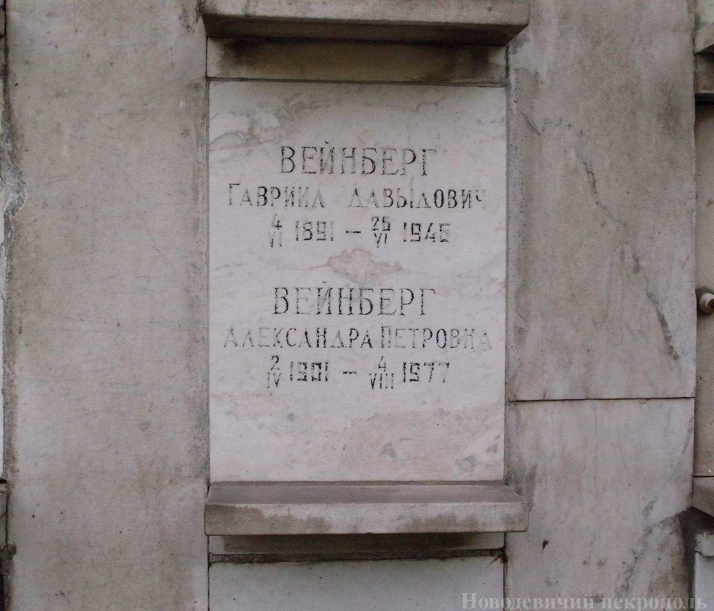 Плита на нише Вейнберга Г.Д. (1891-1946), на Новодевичьем кладбище (колумбарий [65]-4-3).