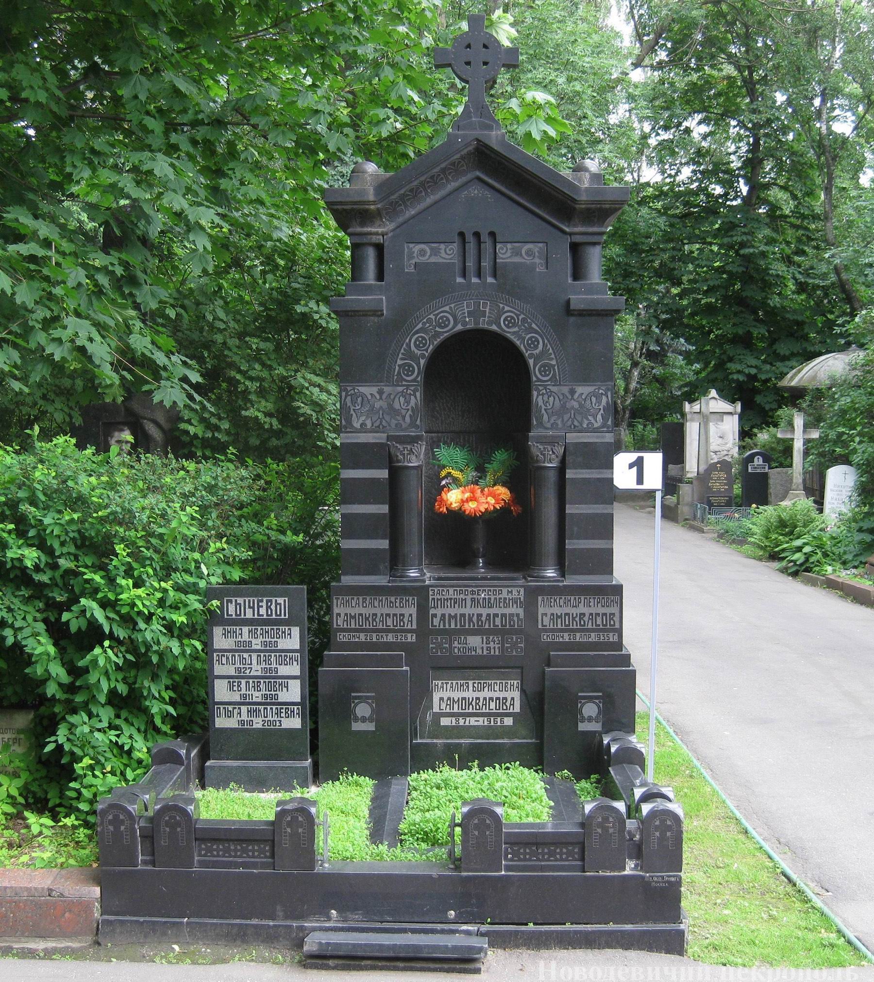 Памятник на могиле Самоквасова Д.Я. (1843–1911), акционерное общество «Гранит», на Новодевичьем кладбище (1–1–1).