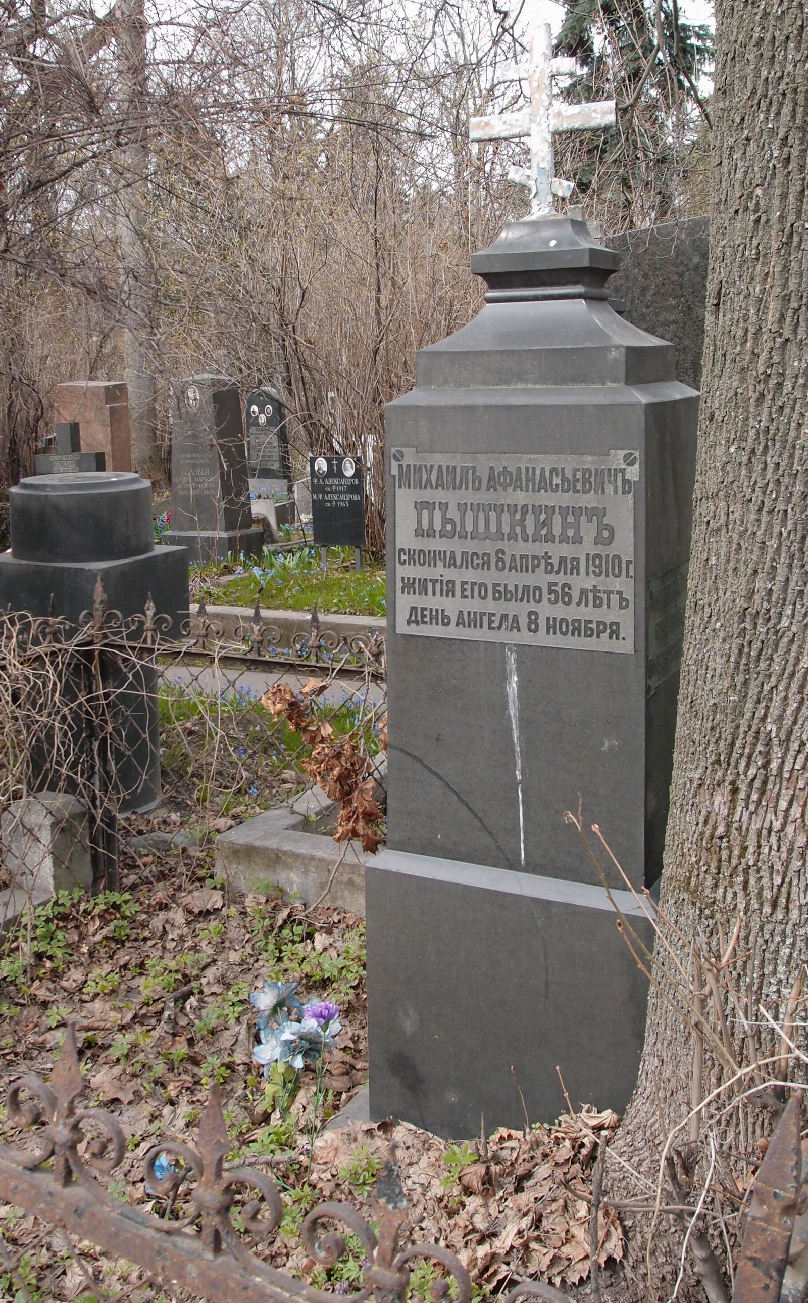 Памятник на могиле Пышкина М.А. (1854–1910), на Новодевичьем кладбище (2–35–2).