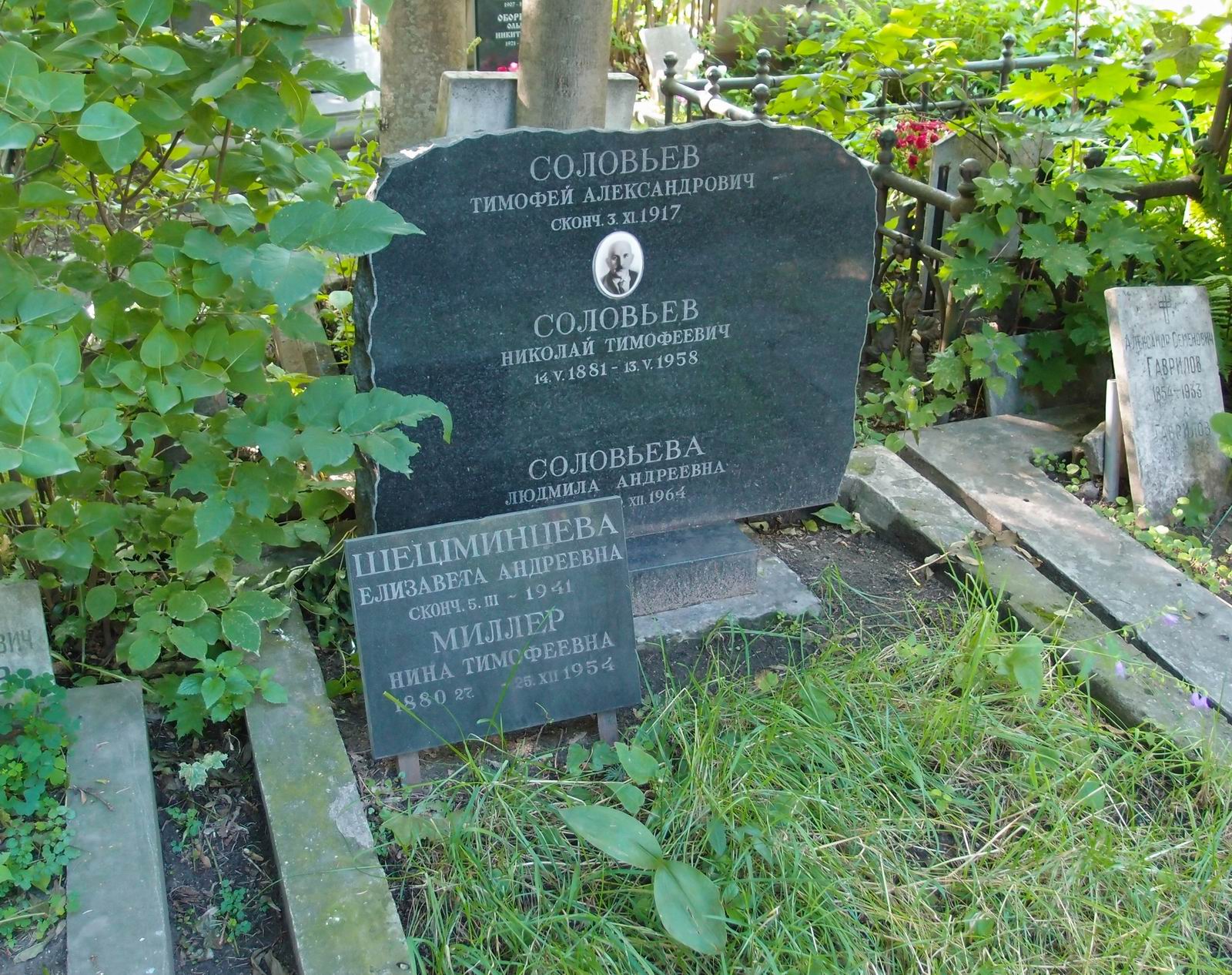 Памятник на могиле Соловьёва Т.А. (?–1917), на Новодевичьем кладбище (2–8–3).