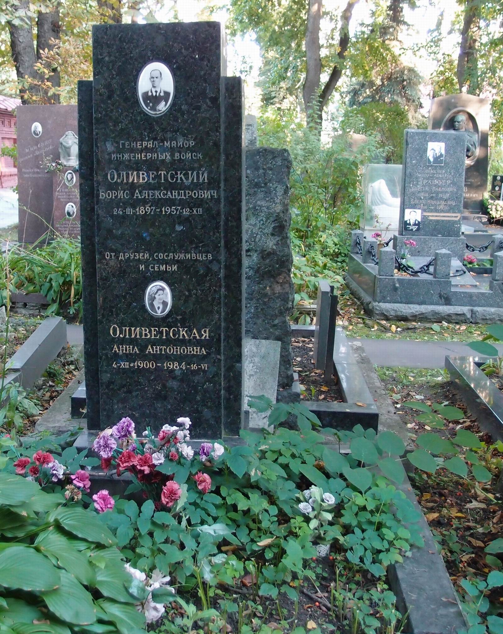 Памятник на могиле Оливетского Б.А. (1897–1957), на Новодевичьем кладбище (5–14–2).