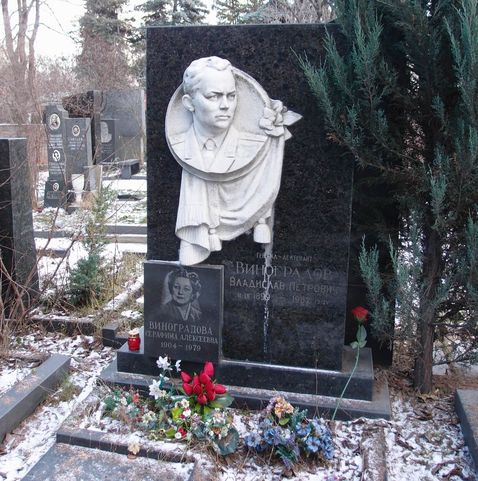 Памятник на могиле Виноградову В.П. (1899–1962), на Новодевичьем кладбище (8–15–8). Нажмите левую кнопку мыши чтобы увидеть фрагмент памятника.